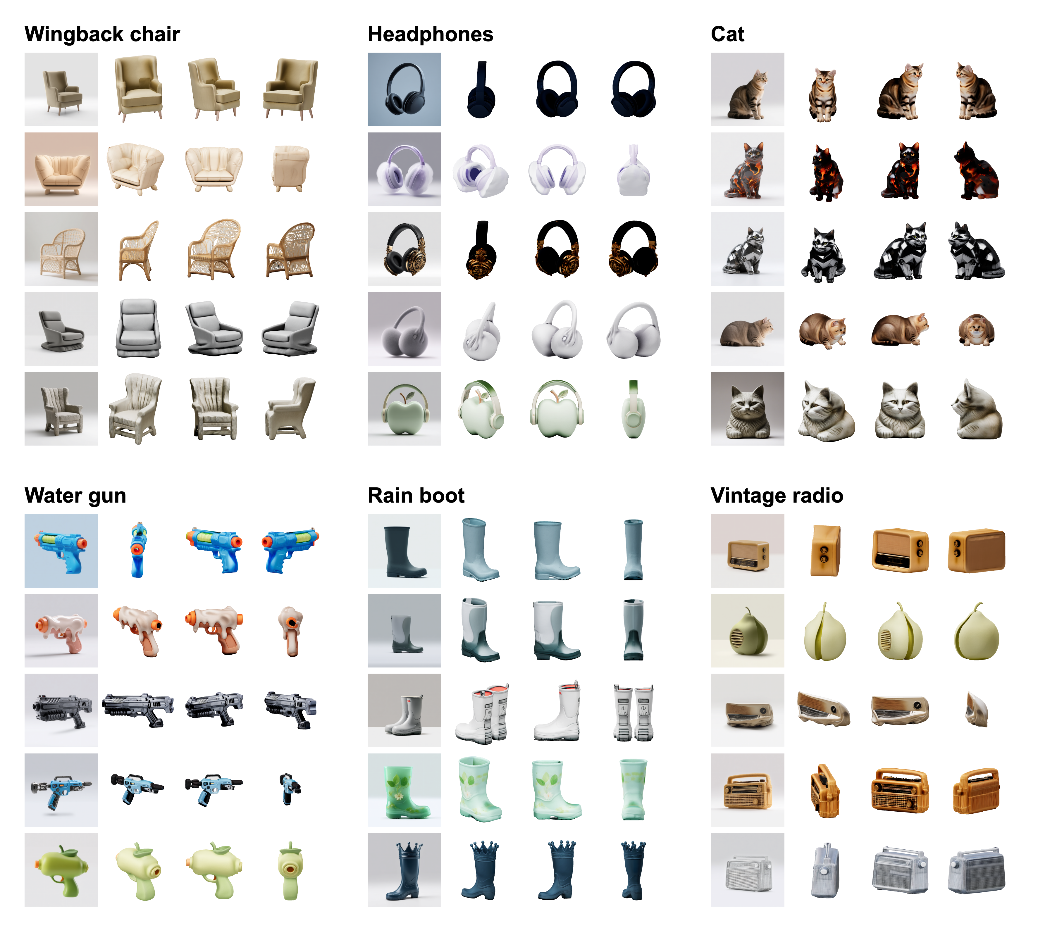 Six CreativeFlow cases with source meshes and generated targets